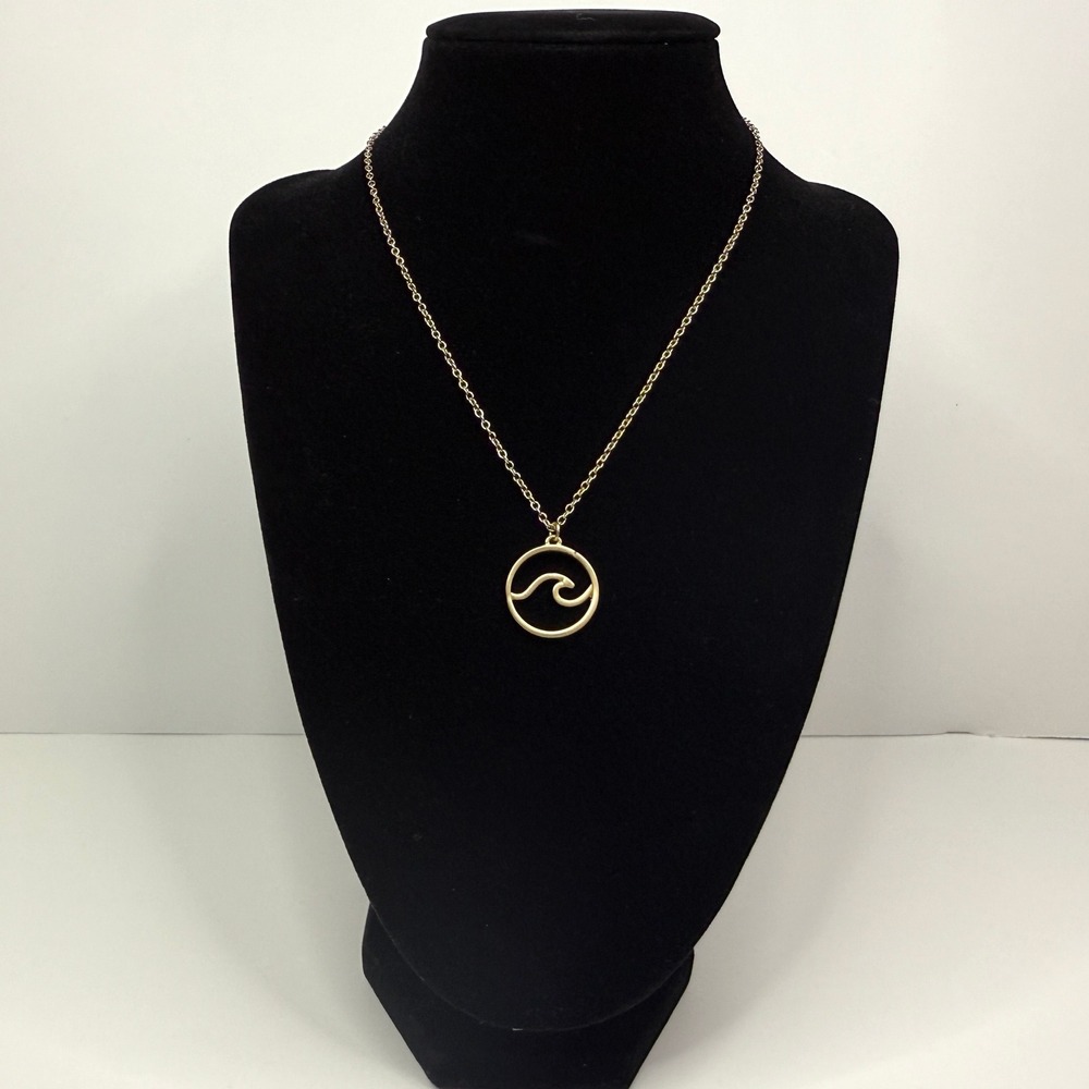 Ocean Wave Pendant Necklace Minimalist Gold Tone Beach Sea Surf Jewelry 8.5 in L